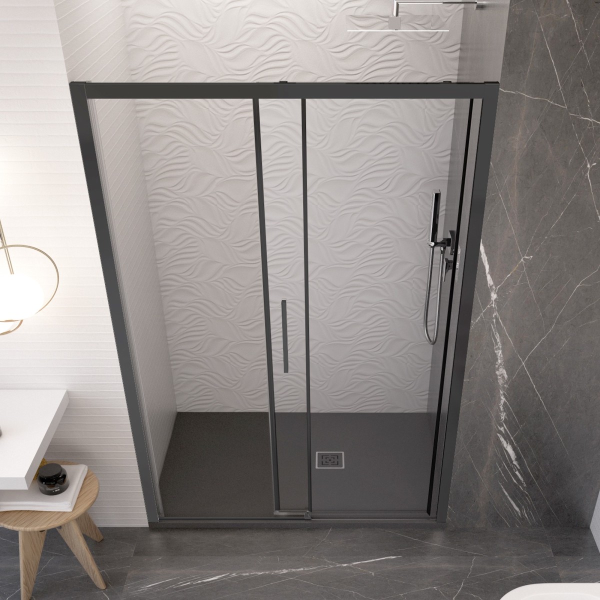 Lagoa Schiebetür für Dusche mit schwarzen Profilen für...
