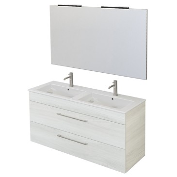 Hängender Badezimmerschrank, 118 cm, mit FACILE-Spiegel aus weißem Ulmenholz