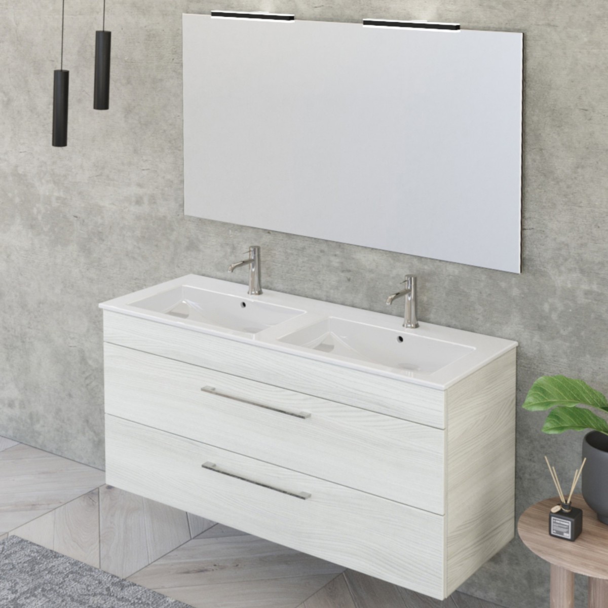 Meuble de salle de bain suspendu 118cm avec miroir en orme blanc EASY