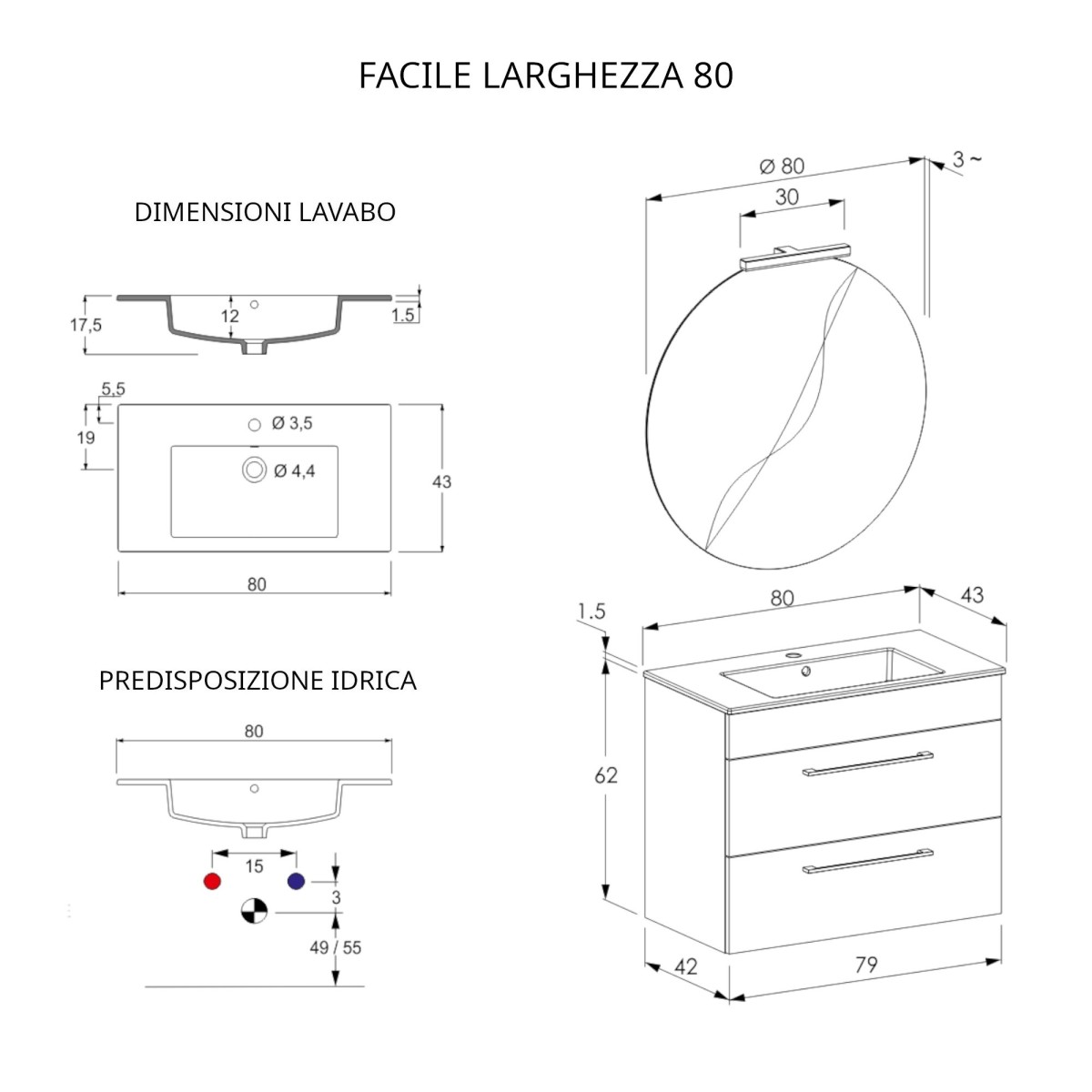 Mobile bagno sospeso 80cm con specchiera olmo bianco e lava FACILE