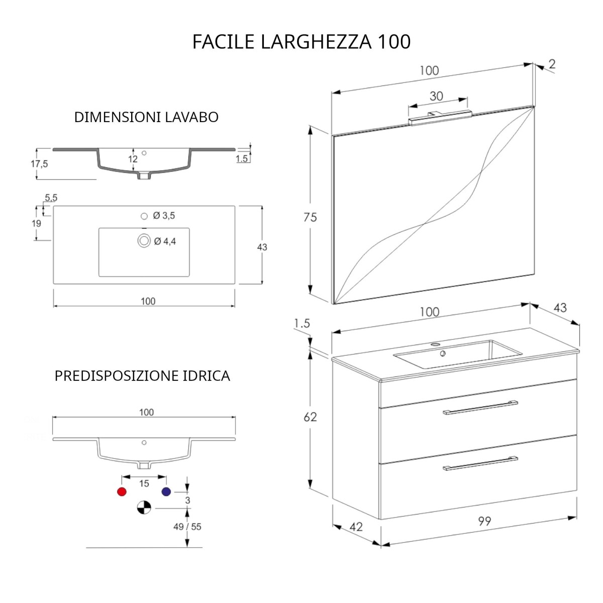 Meuble de salle de bain suspendu 100cm avec miroir béton, bois et lave EASY