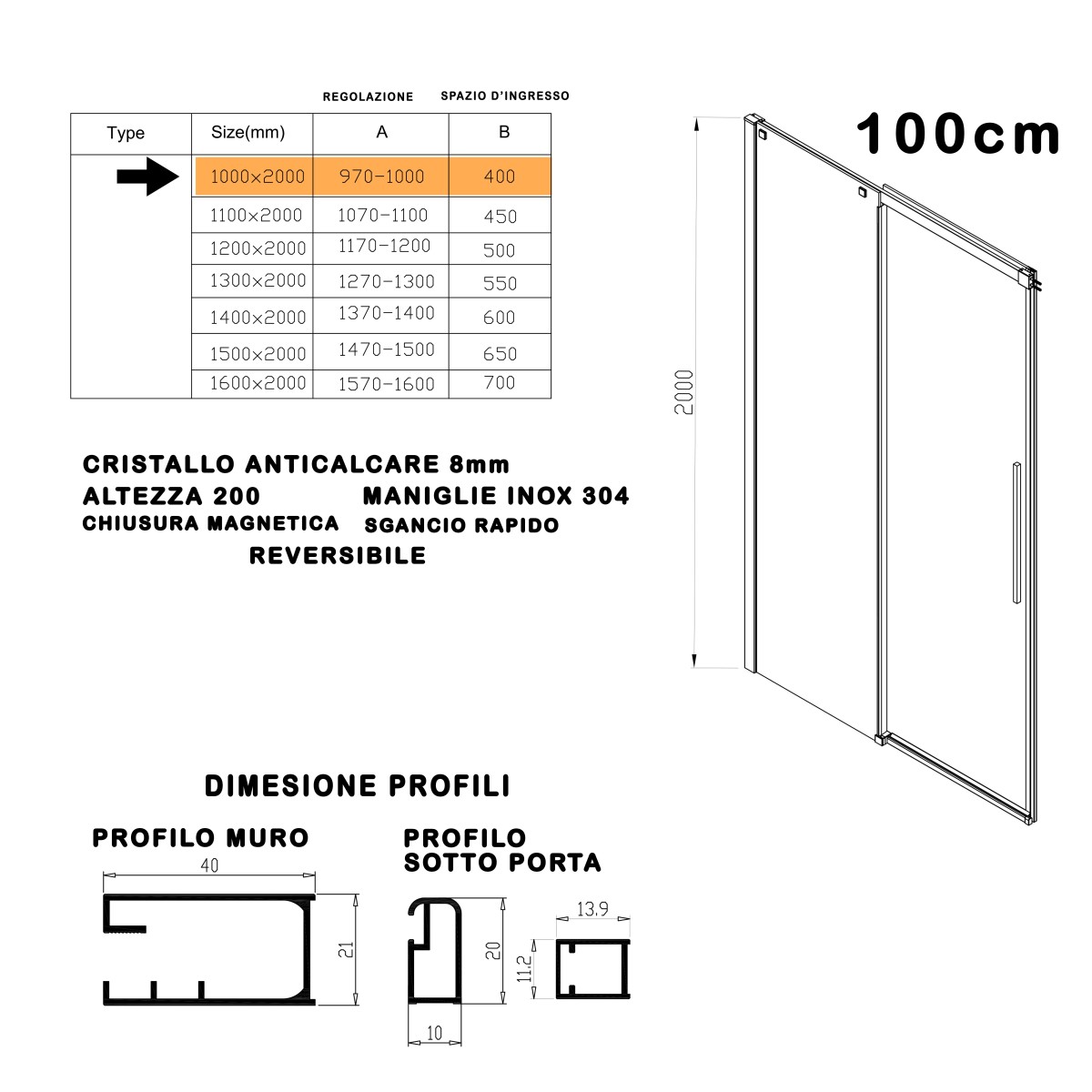 Porte de douche pour porte coulissante en niche H200 Anti-calcaire TARGET