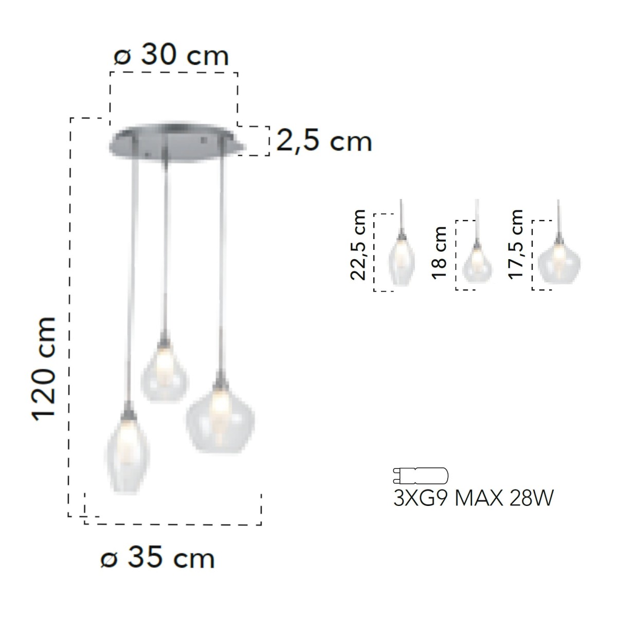 Lampada a 3 sospensioni 28W 3xG9 trasparente BLINDER....