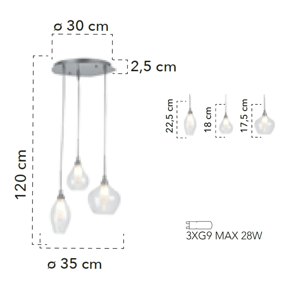 Lampada a 3 sospensioni 28W 3xG9 trasparente BLINDER....