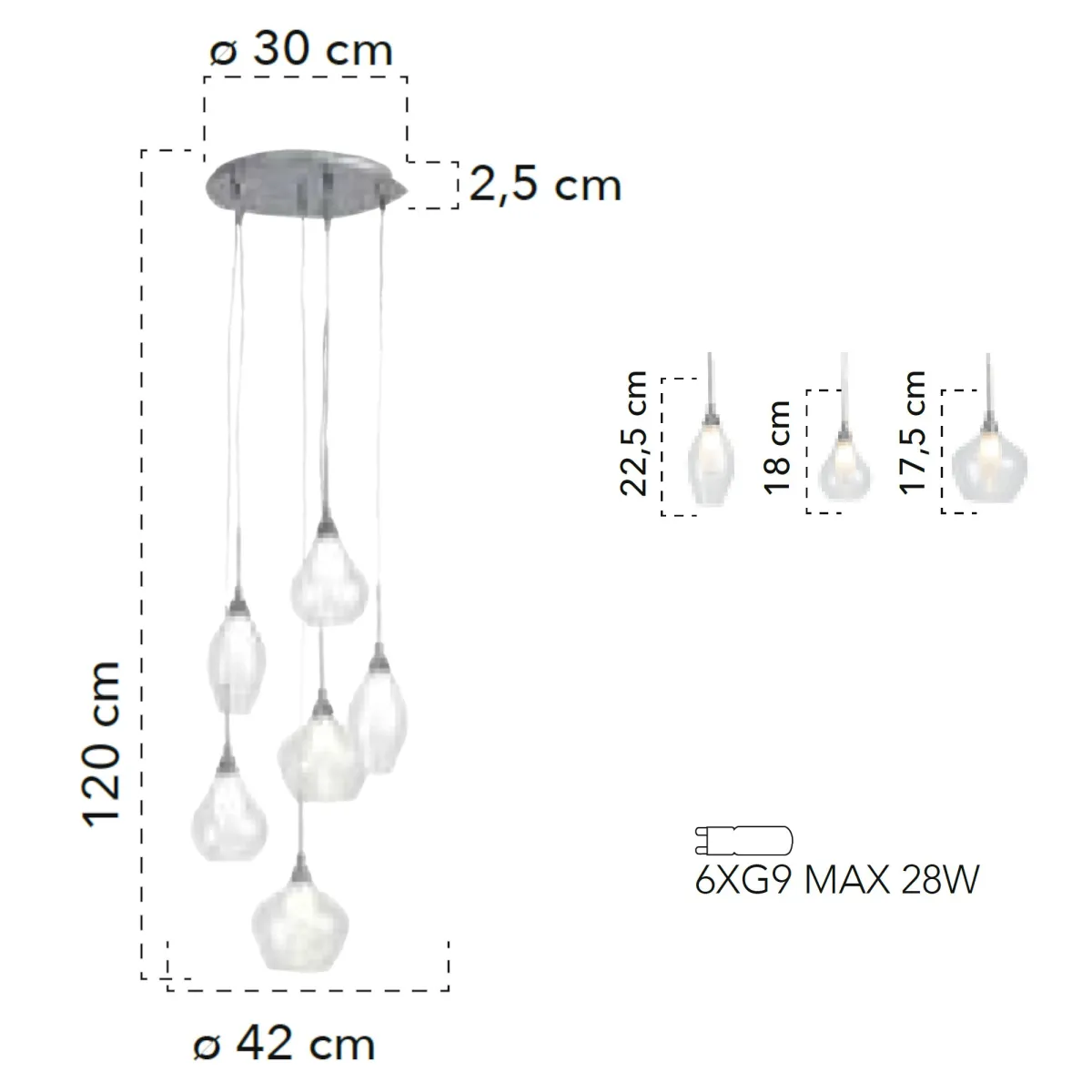 Lampada a 6 sospensioni 28W 6xG9 trasparente BLINDER....