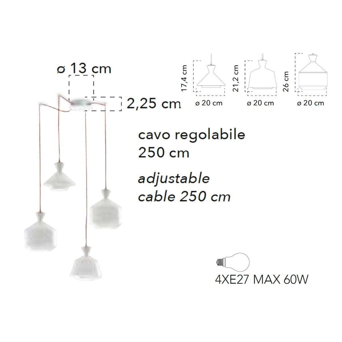 Lampada a 4 sospensioni 60W 4xE27 bianca AZURE