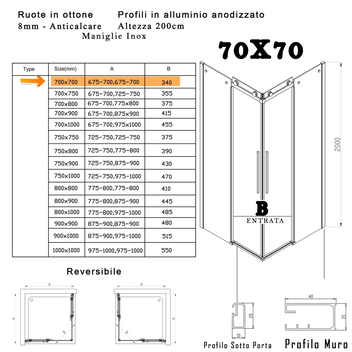 Box Doccia 70x70 70x75 75x75 scorrevole Trasparente 8mm H...