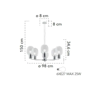 Lampada a sospensione 25W 6XE27 6 emissioni cromo GILDA. Punto luce moderno dalla forma cilindrica, in vetro e metallo.