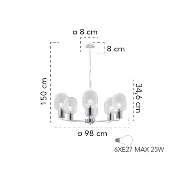 Lampada a sospensione 25W 6XE27 6 emissioni cromo GILDA. Punto luce moderno dalla forma cilindrica, in vetro e metallo.