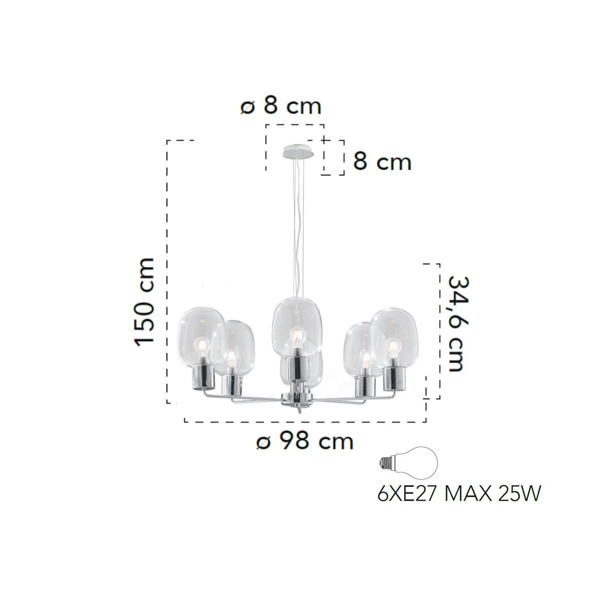 Lampada a sospensione 25W 6XE27 6 emissioni cromo GILDA....