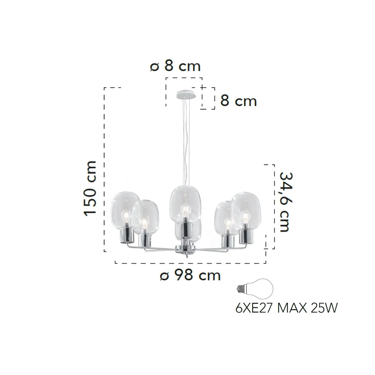 Lampada a sospensione 25W 6XE27 6 emissioni cromo GILDA. Punto luce moderno dalla forma cilindrica, in vetro e metallo.