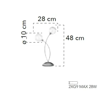 Lampada da tavolo 28W 2XG9 a doppia emissione cromo SPOT. Design moderno, struttura cromata con diffusori sferici.