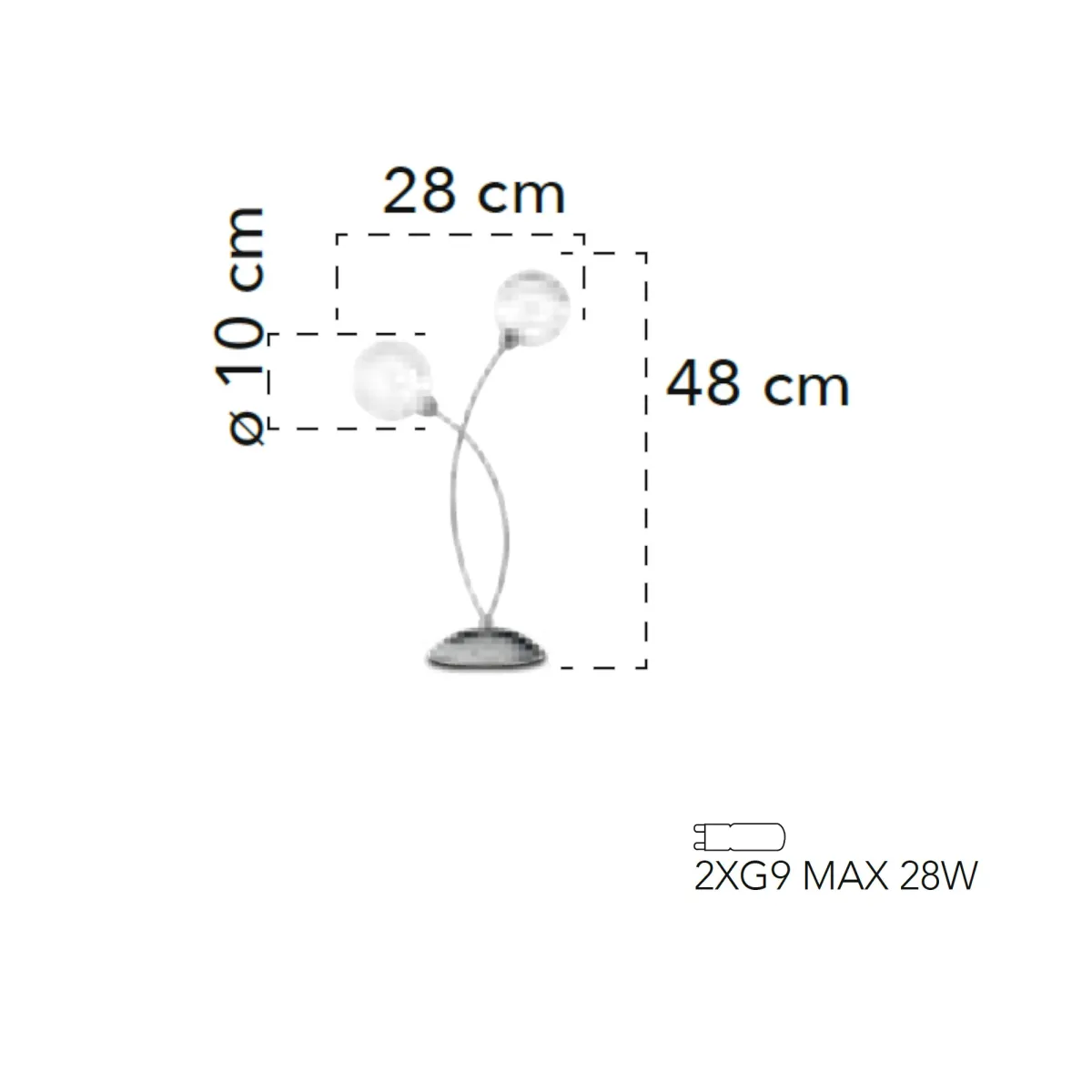 Lampada da tavolo 28W 2XG9 a doppia emissione cromo SPOT. Design moderno, struttura cromata con diffusori sferici.