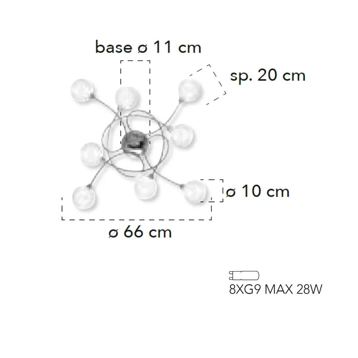 Plafoniera da interno 28W 8XG9 a 8 emissioni cromo POST. Design moderno, struttura cromata con diffusori sferici.