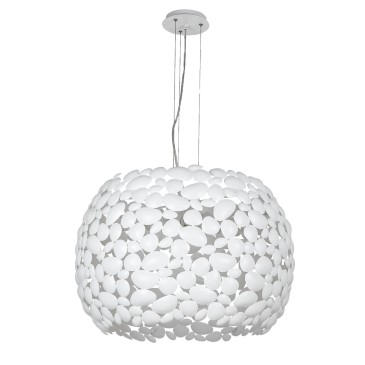Lampada a sospensione 60W 5XE27 diametro 65cm bianca o cromo. Moderno punto luce con struttura in metallo a forma di sassi