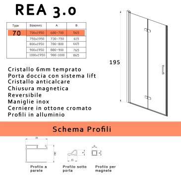 Porte de douche pliante en niche anti-calcaire Rea H195