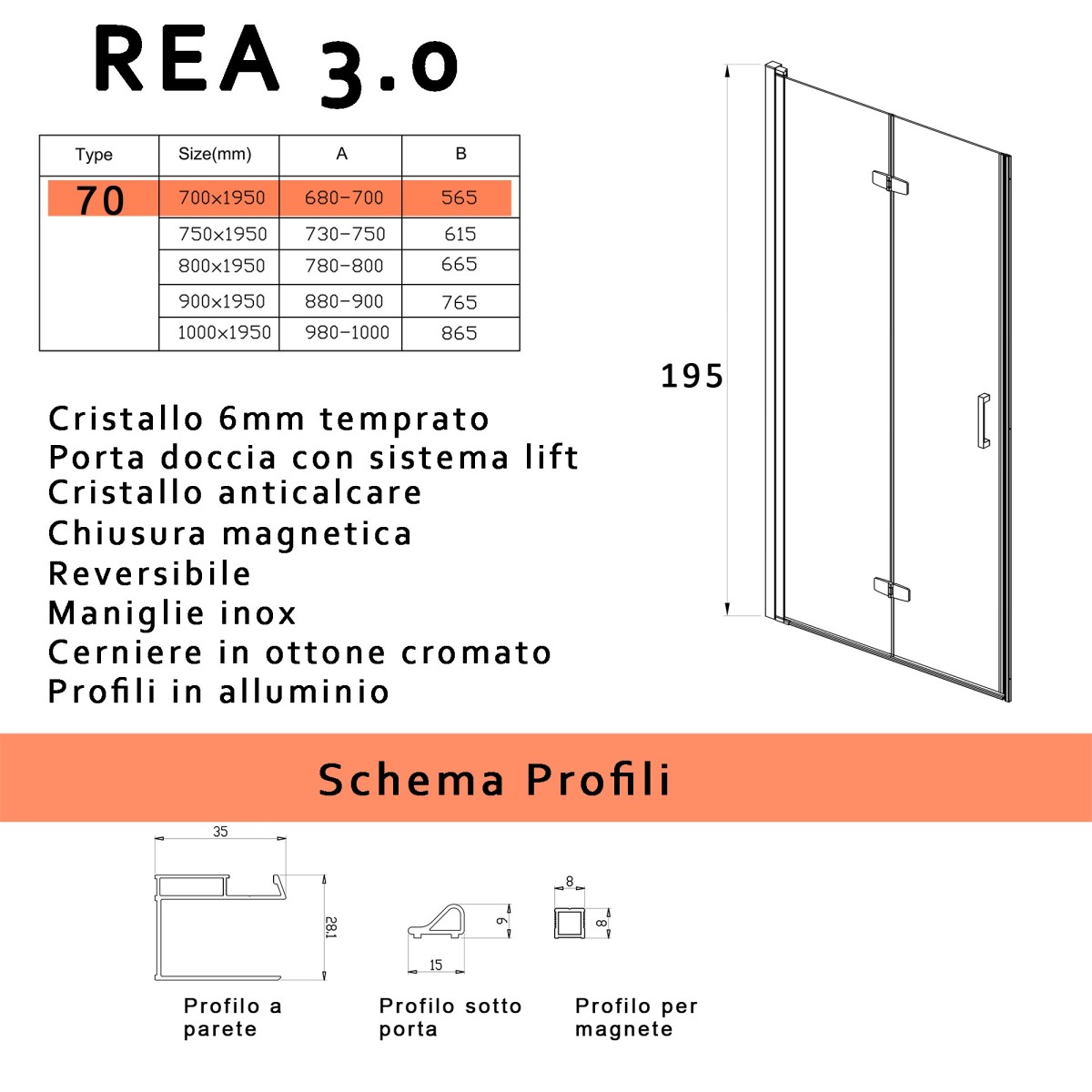 Porte de douche pliante en niche anti-calcaire Rea H195