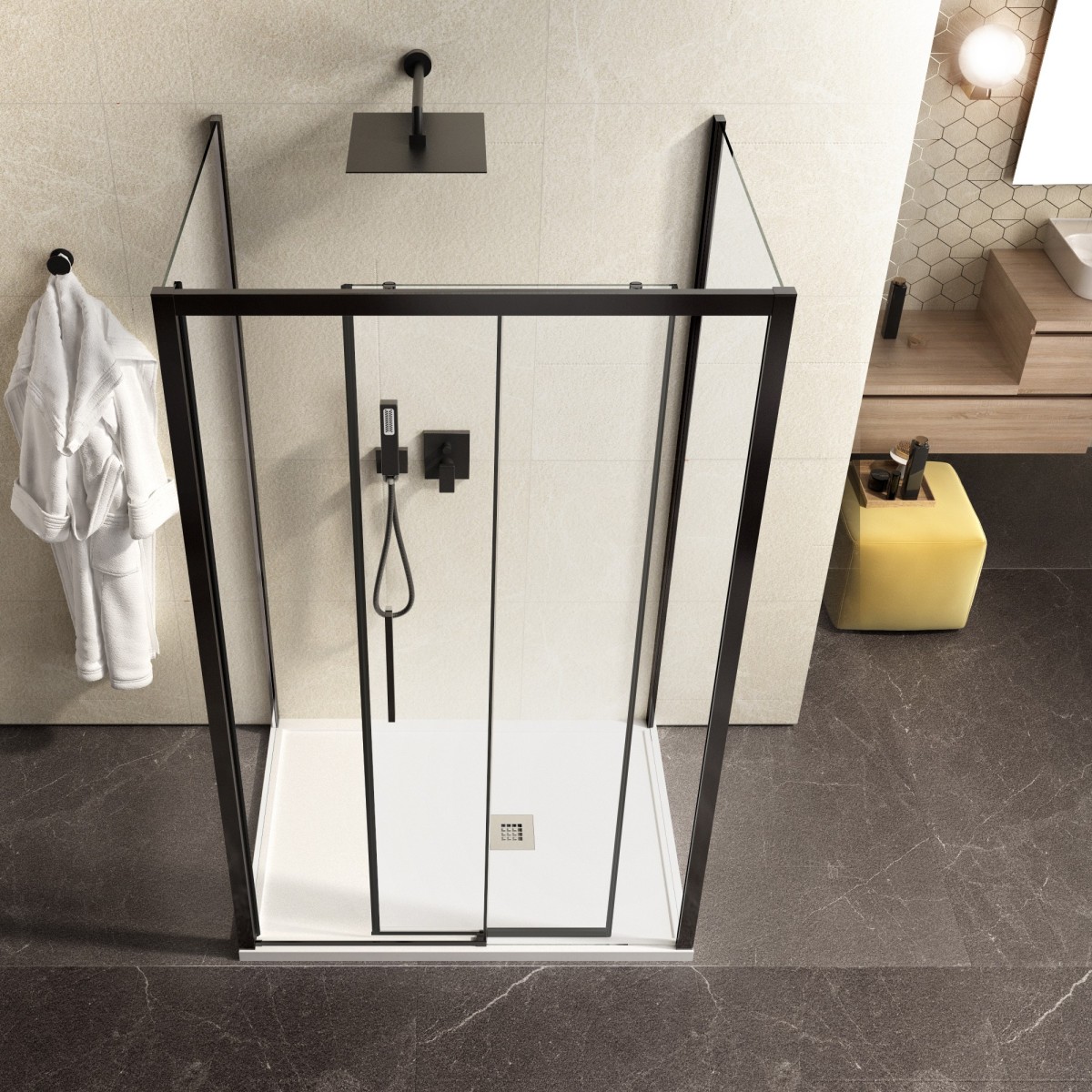 Cabine de douche à trois côtés avec profilés noirs,...