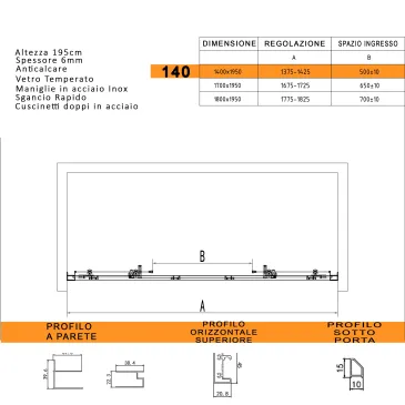 Scheda tecnica porta doccia scorrevole LAGOA 140x195