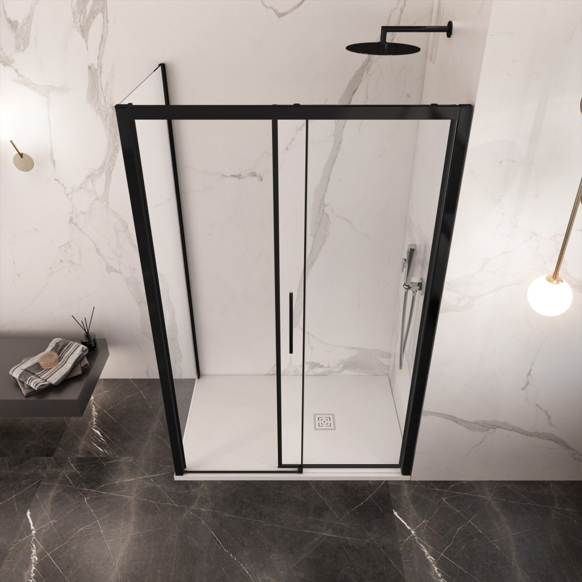 Cabine de douche double face avec profilés noirs LAGOA verre transparent 6 mm