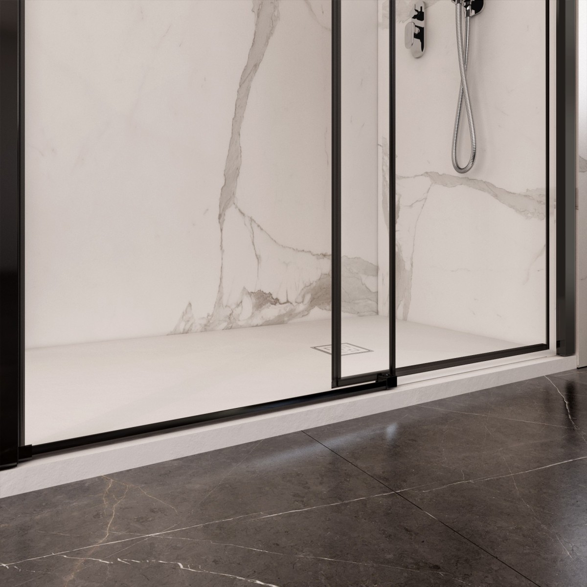 Cabine de douche double face avec profilés noirs LAGOA verre transparent 6 mm