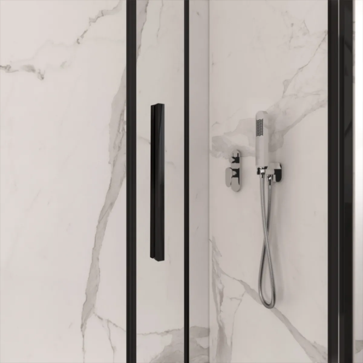 Cabine de douche double face avec profilés noirs LAGOA verre transparent 6 mm