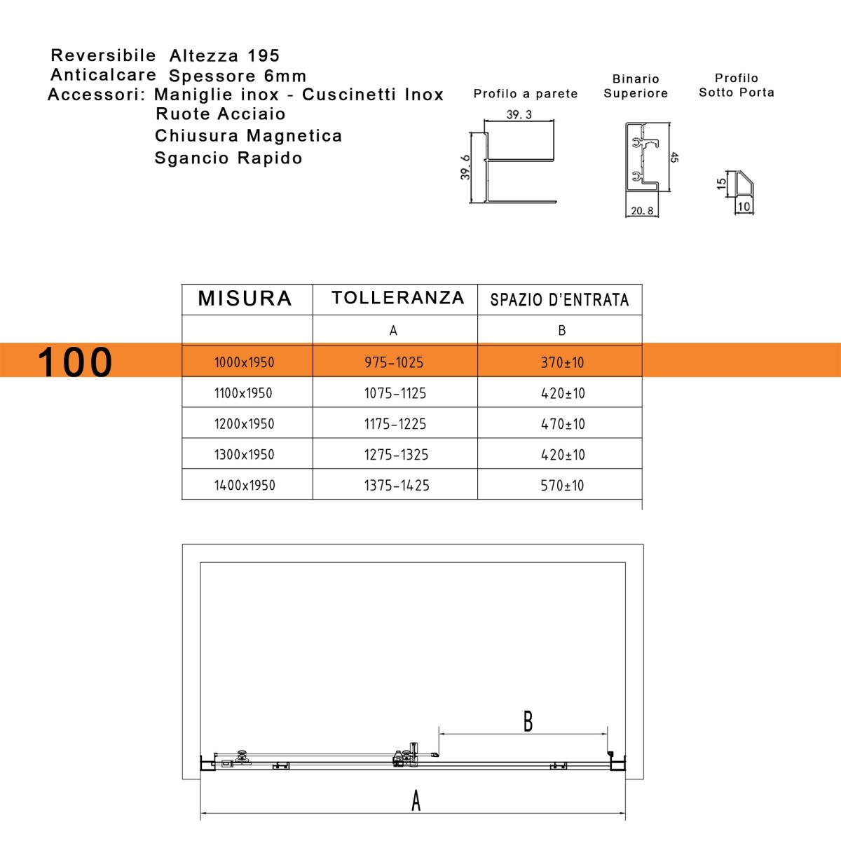 Schiebeduschtür Lagoa aus 6 mm starkem Glas ohne Profile