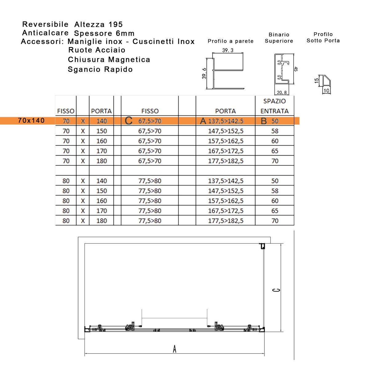 Box doccia tre lati con profili neri LAGOA cristallo 6mm trasparente