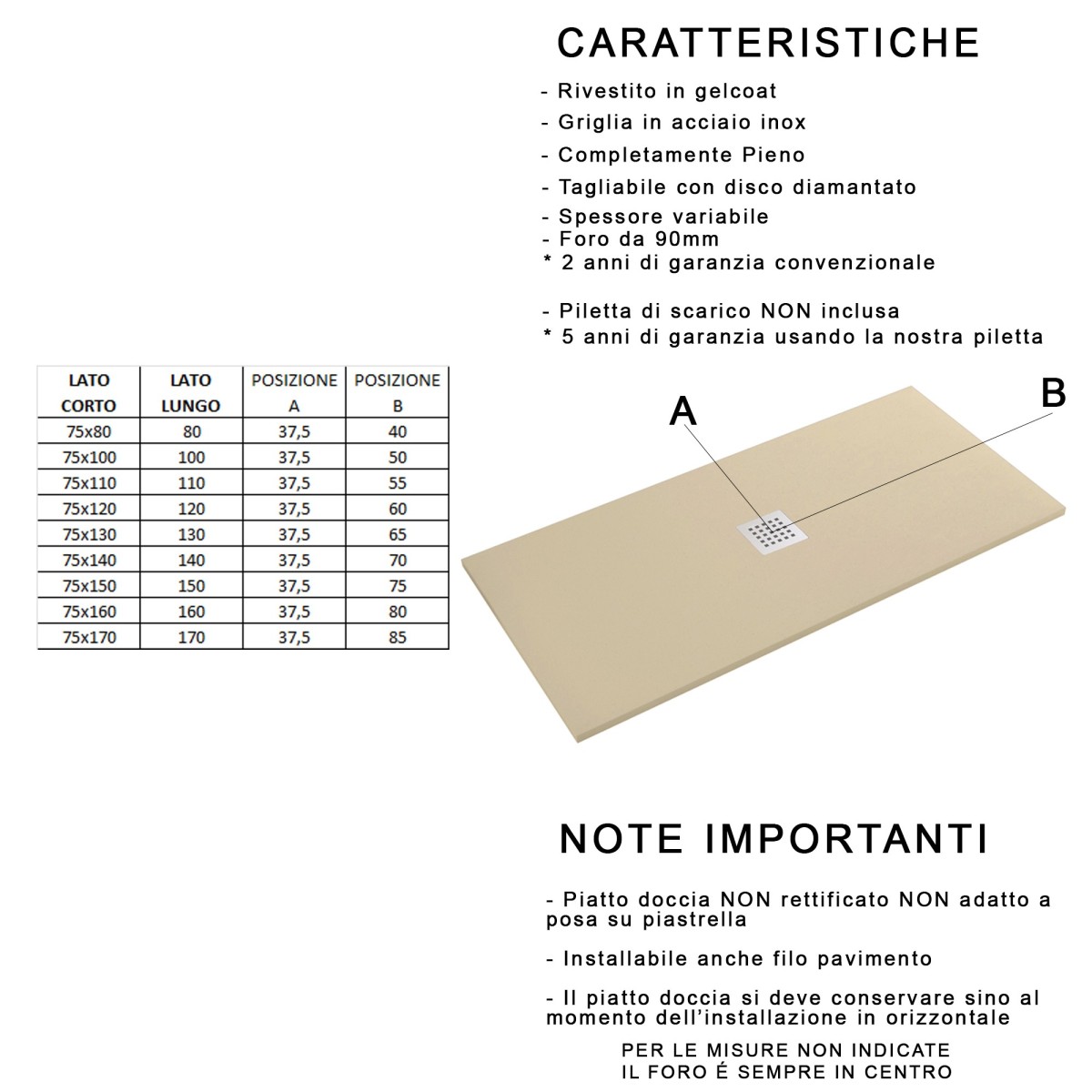 Piatto doccia in marmo resina effetto pietra con foro centrale Crema Chic