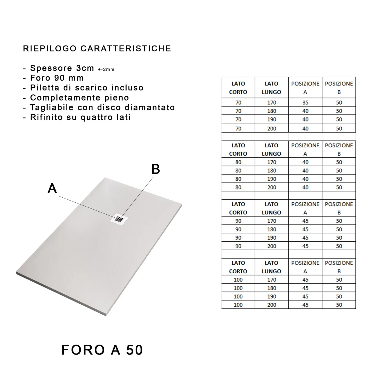 Piatto doccia in resina Bianco foro laterale PLUS