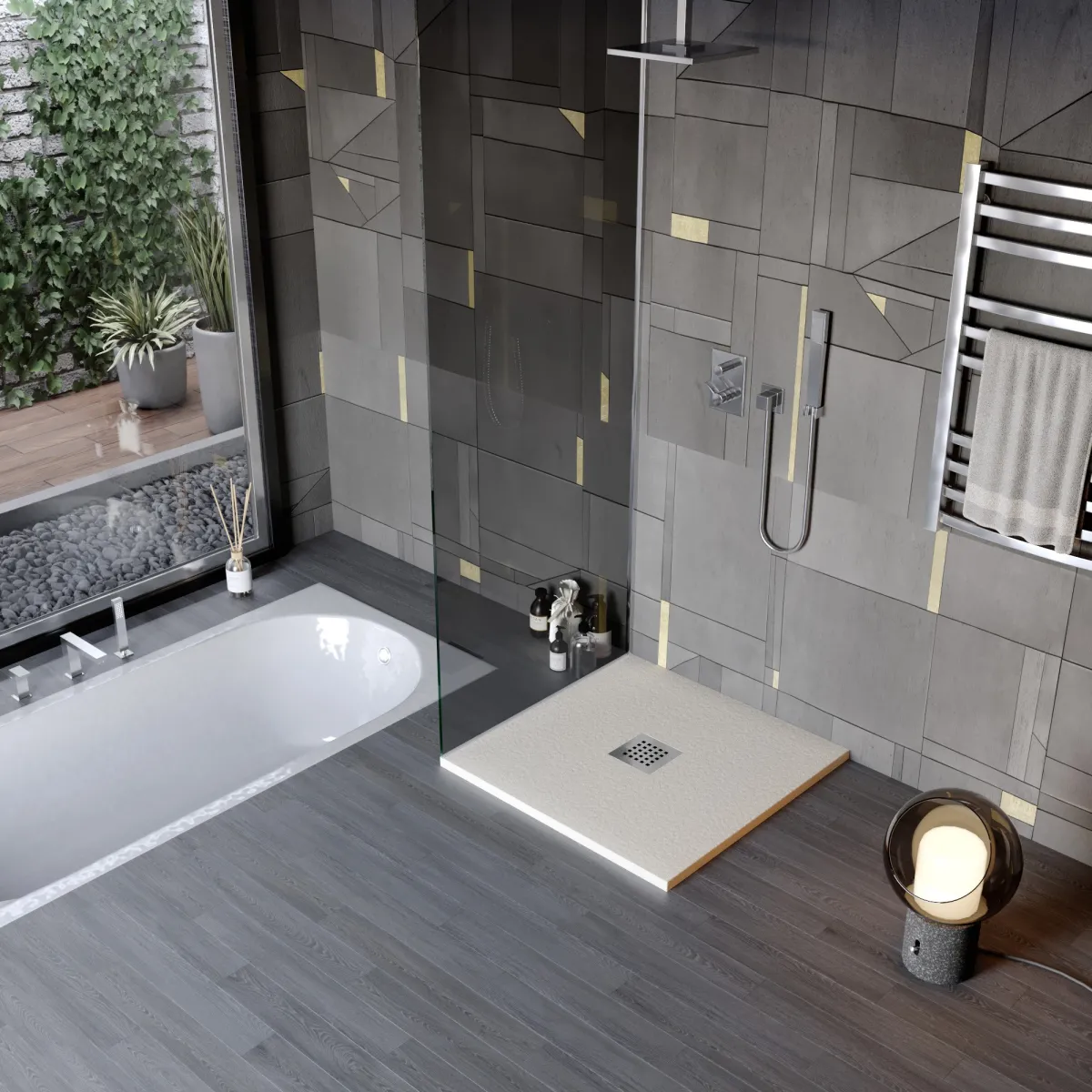 CHIC Duschwanne aus Crema-Harzmarmor mit Mittelloch