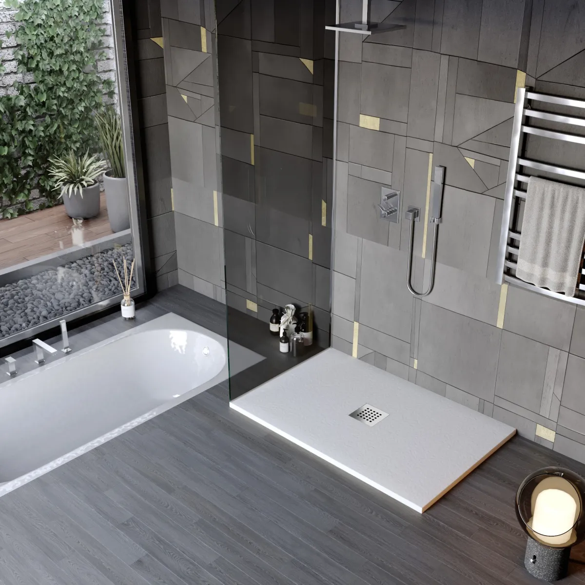 Receveur de douche en résine de marbre gris clair avec trou au centre de la pierre