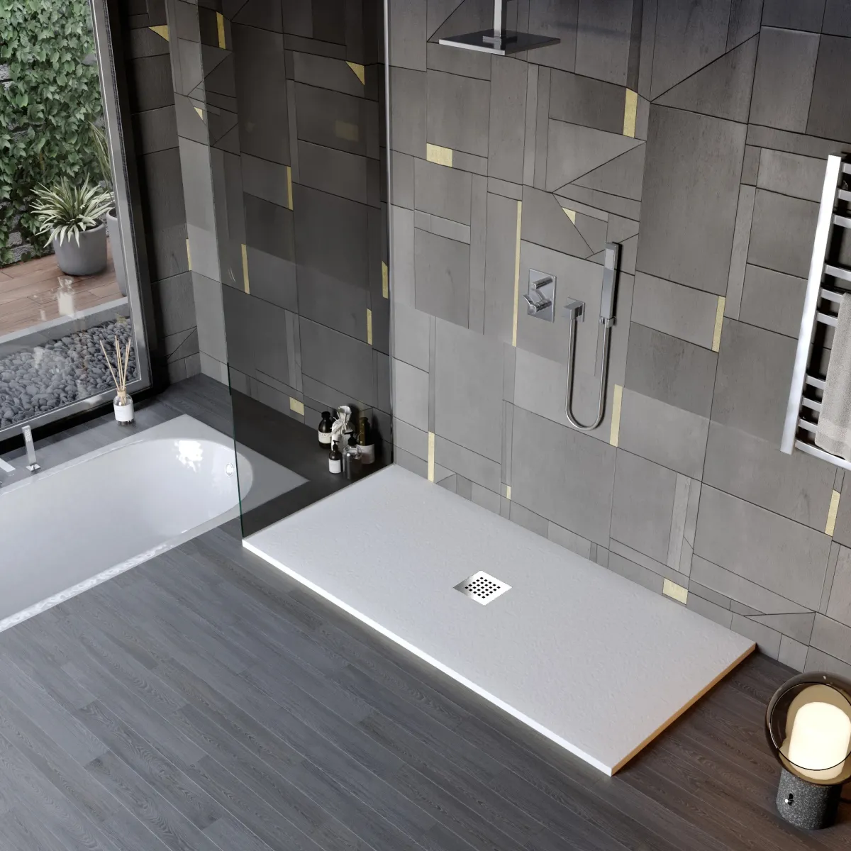 Receveur de douche en résine de marbre gris clair avec trou au centre de la pierre