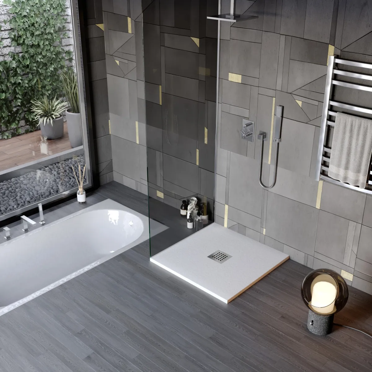 Receveur de douche en résine de marbre gris clair avec trou au centre de la pierre