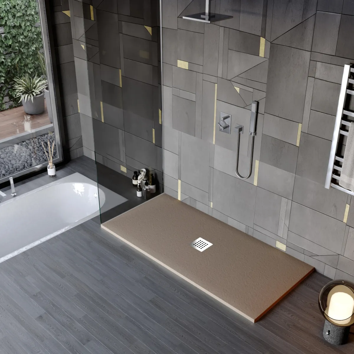 Receveur de douche en résine minérale effet pierre avec trou central