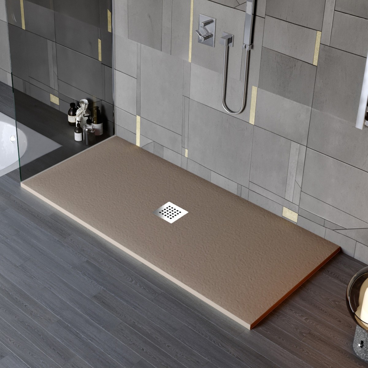 Receveur de douche en résine minérale effet pierre avec trou central
