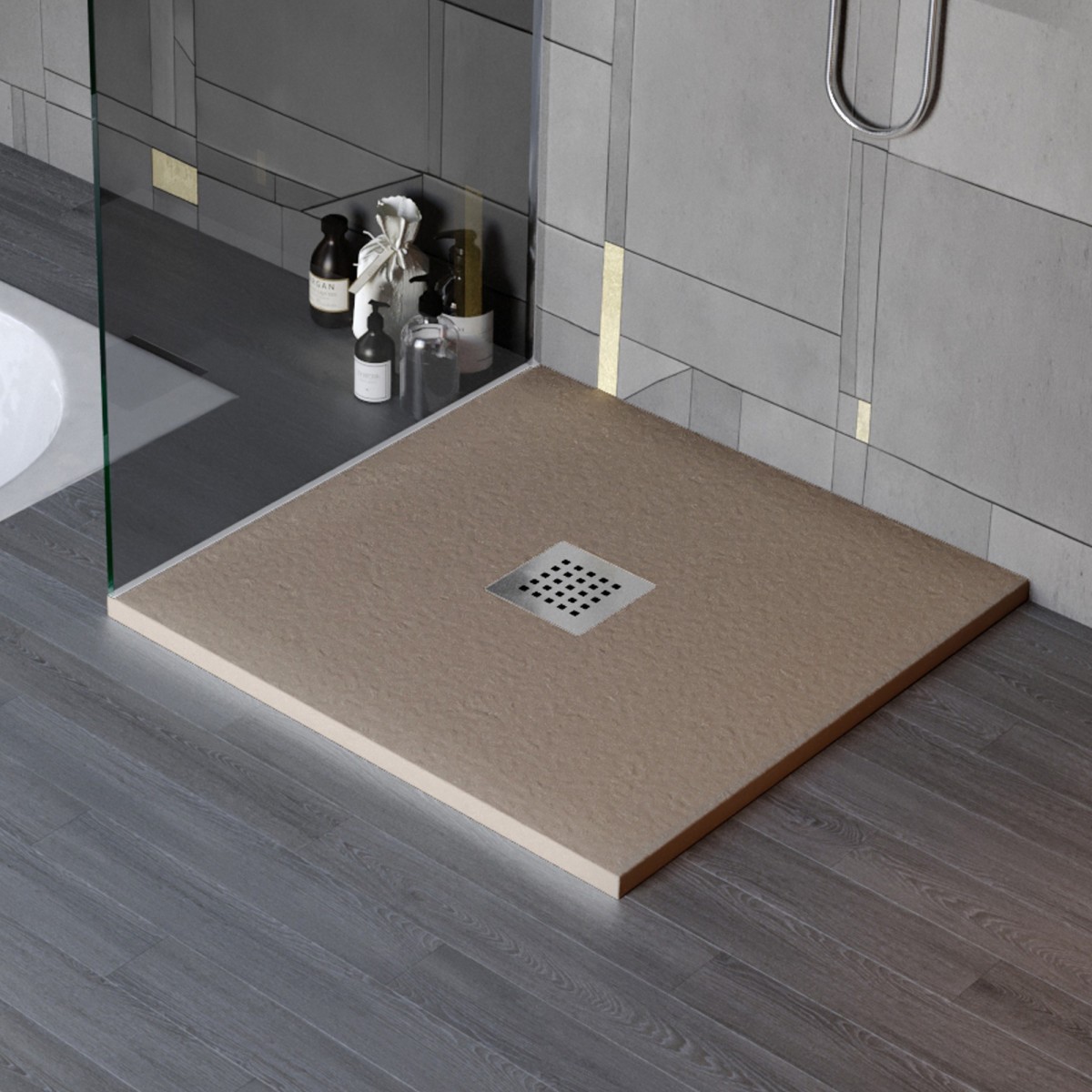 Receveur de douche en résine minérale effet pierre avec trou central