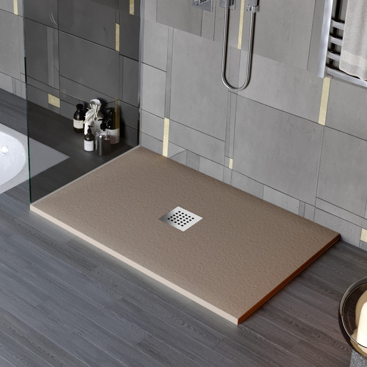 Receveur de douche en résine minérale effet pierre avec trou central