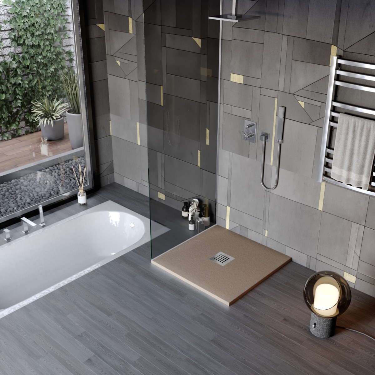 Receveur de douche en résine minérale effet pierre avec trou central
