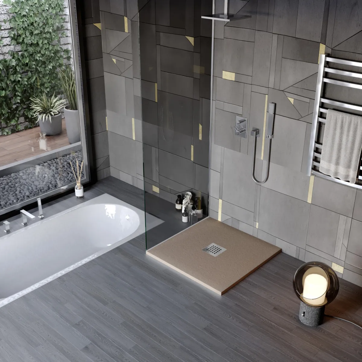 Receveur de douche en résine minérale effet pierre avec trou central