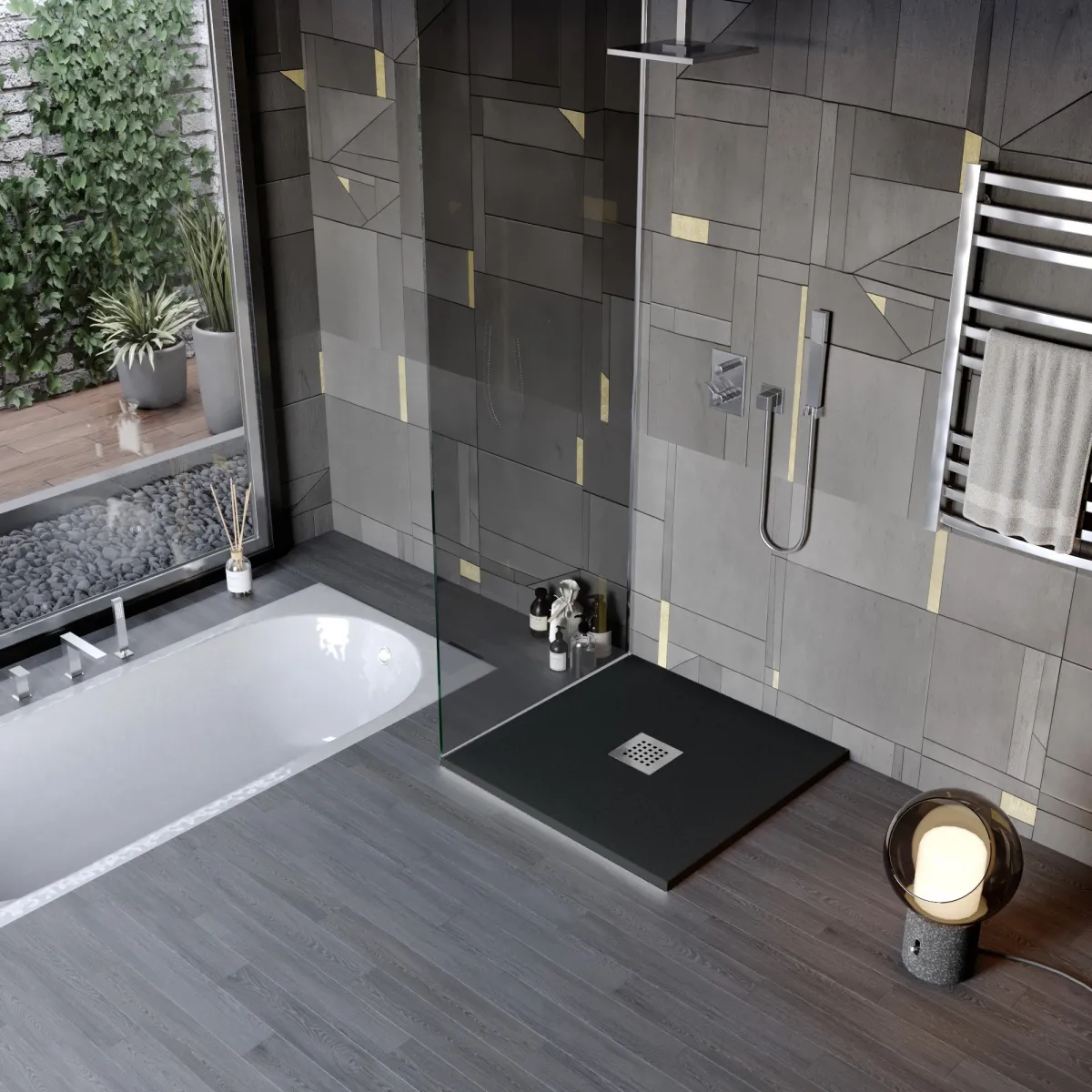 Receveur de douche en résine minérale effet pierre avec trou central