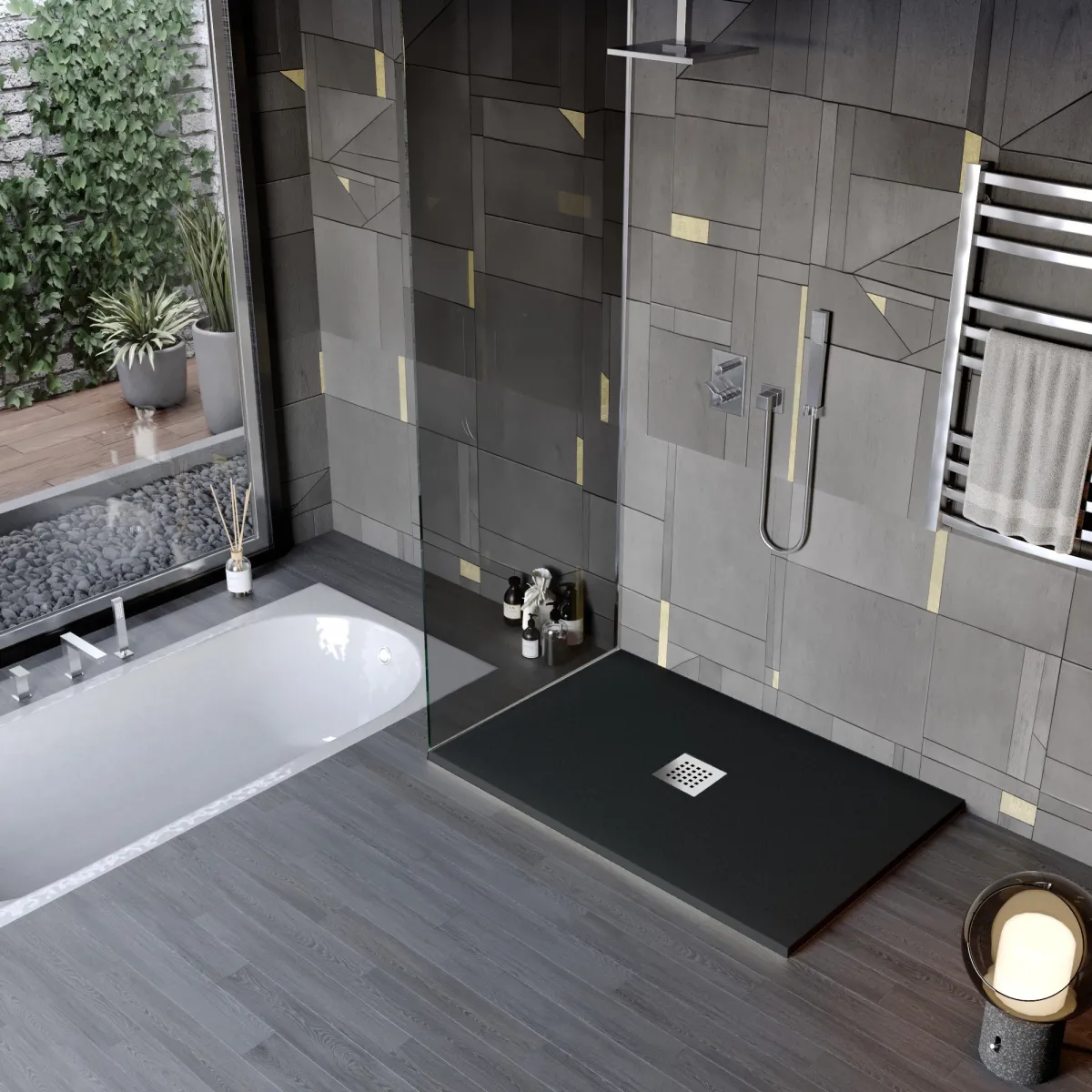 Receveur de douche en résine minérale effet pierre avec trou central