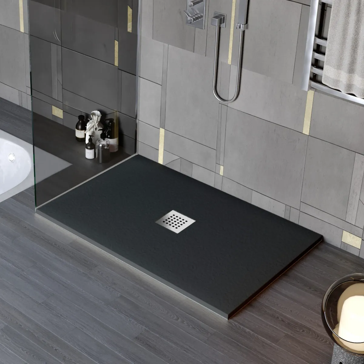 Receveur de douche en résine minérale effet pierre avec trou central