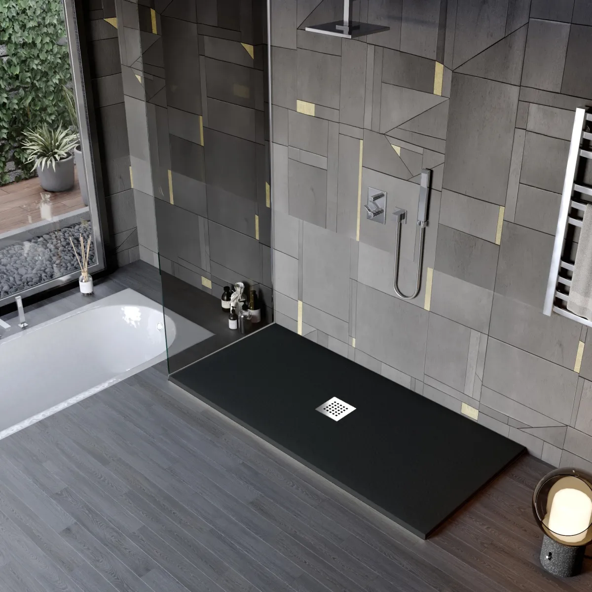 Receveur de douche en résine minérale effet pierre avec trou central