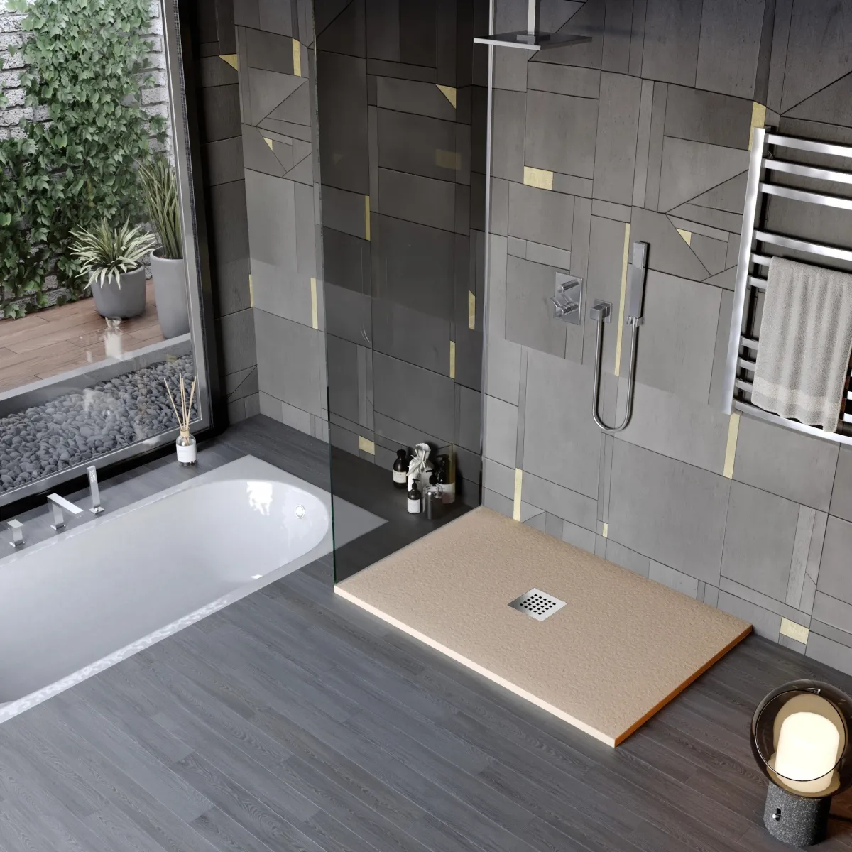 Receveur de douche en résine minérale effet pierre avec trou central