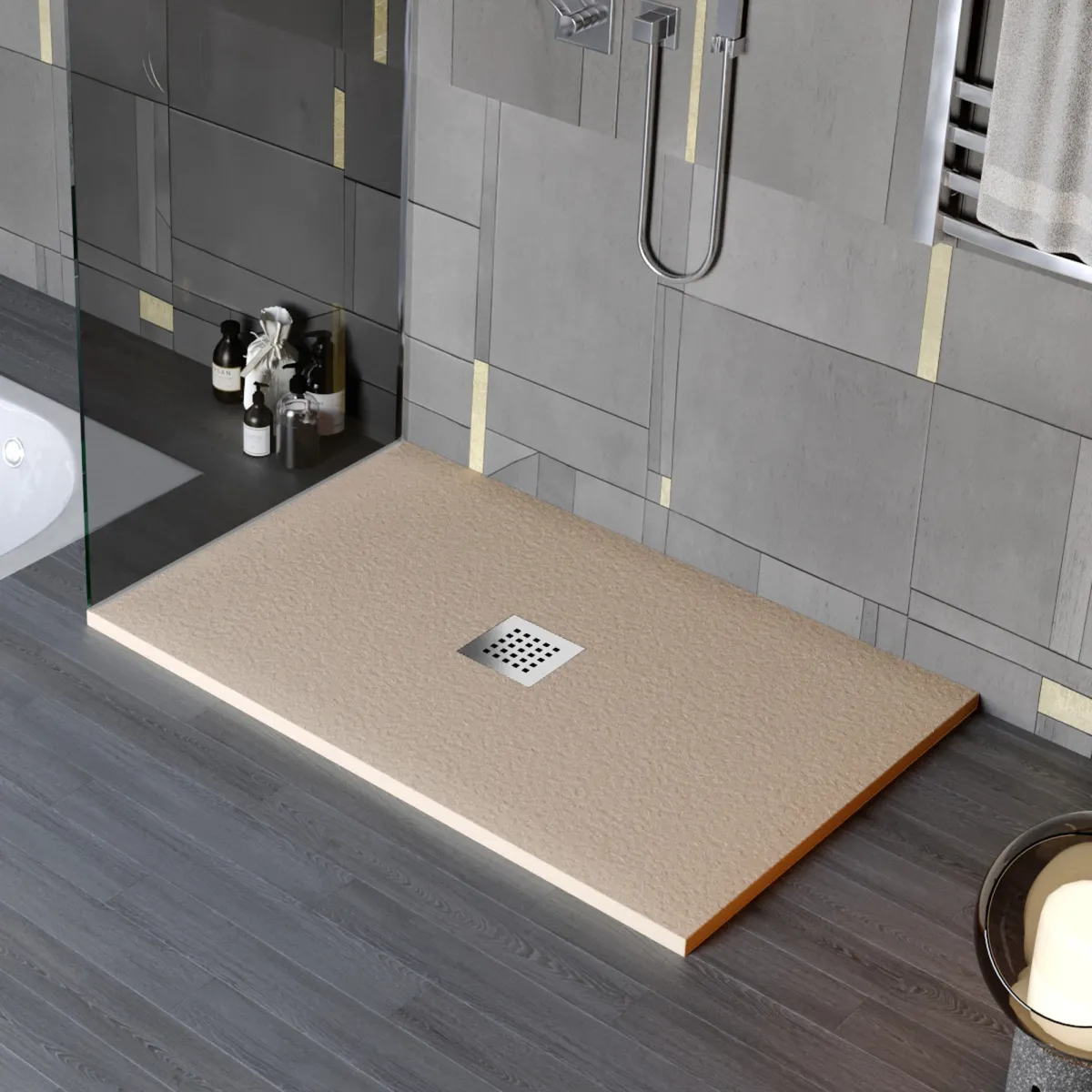 Receveur de douche en résine minérale effet pierre avec trou central