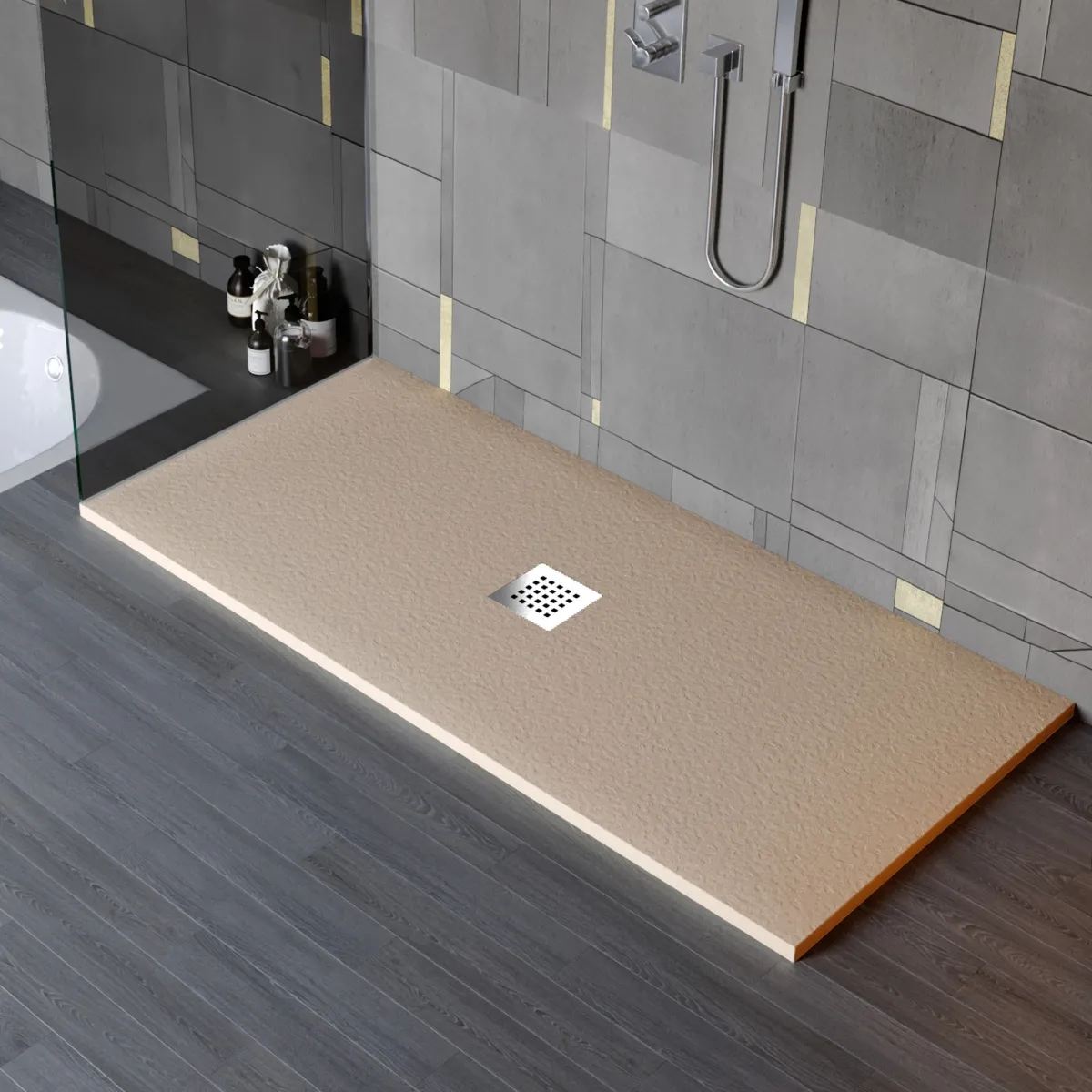Receveur de douche en résine minérale effet pierre avec trou central