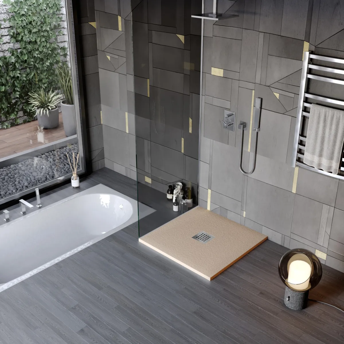 Receveur de douche en résine minérale effet pierre avec trou central
