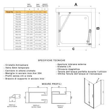 Box doccia 70x70 due lati apertura libro h195