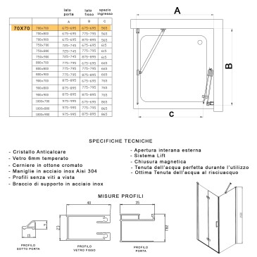 Box doccia 70x70 due lati apertura libro h195